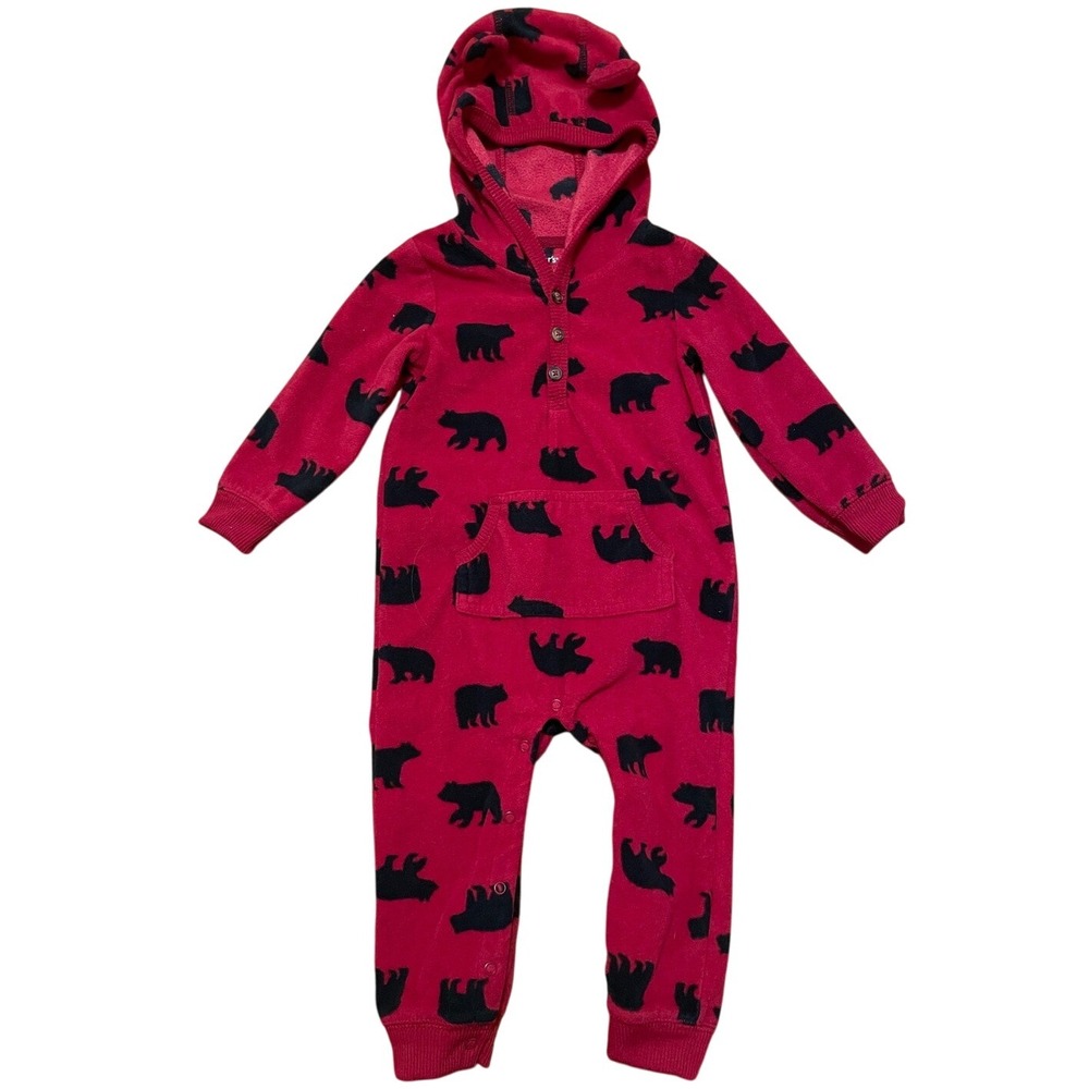 Carters Fleece Hooded Pajamas Sleepsuit 18 Months Red‎ Black Bear Cozy